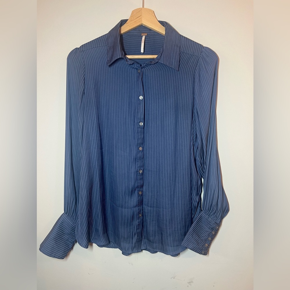 Free People Womens Full Button Silky Blouse Striped Navy Blue Size Small S